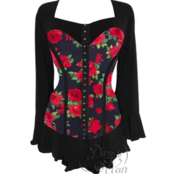 Red Rose Floral Goth Corset Style Bell Sleeve Black Gothic Top Sexy - Picture 1 of 3